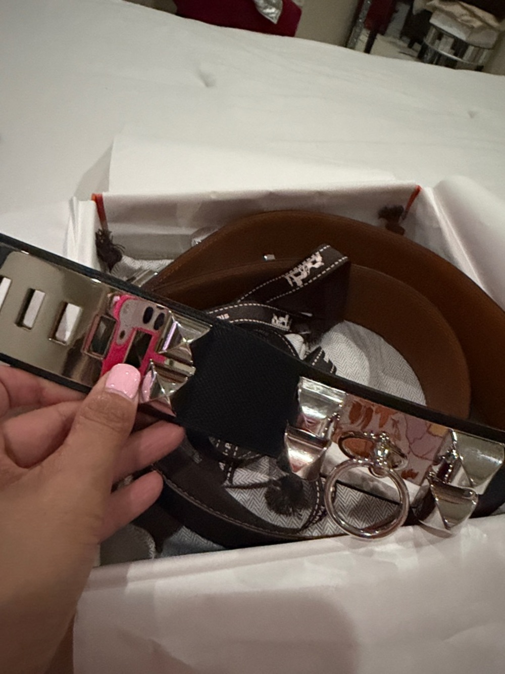 Brown Leather Waist Belt with Silver Stud and Ring Accents